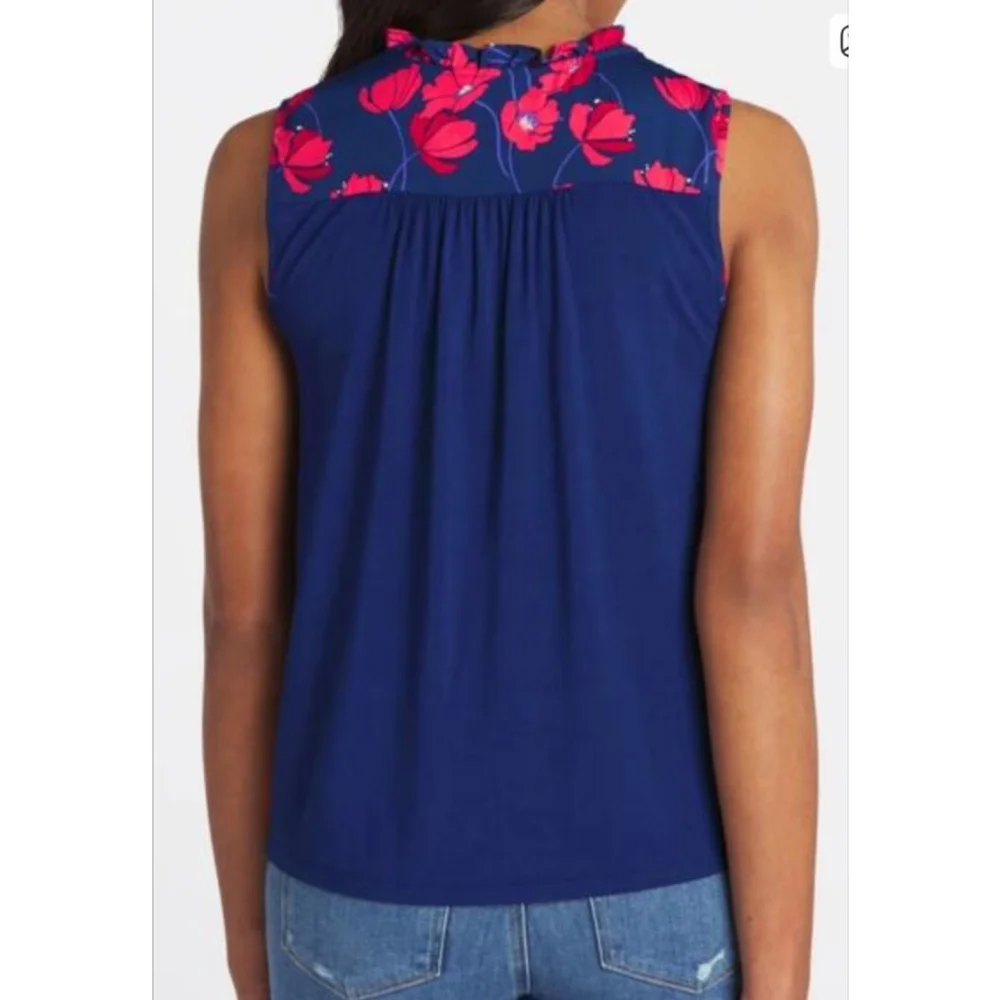 41 Hawthorn Stitch Fix Petite Sleeveless Blouse Navy Red Poppy Floral Top Orlee - Picture 2 of 8